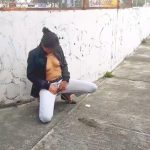 Public Pissing Outdoor in Ripped Jeans.